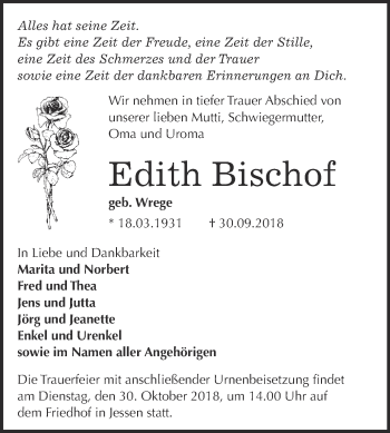 Traueranzeige von Edith Bischof von WVG - Wochenspiegel Wittenberg