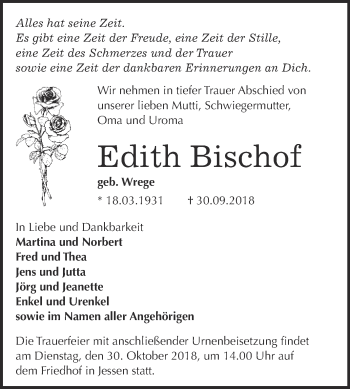 Traueranzeige von Edith Bischof von WVG - Wochenspiegel Wittenberg