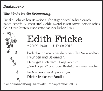Traueranzeige von Edith Fricke von WVG - Wochenspiegel Wittenberg