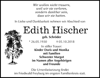 Traueranzeige von Edith Hischer von Mitteldeutsche Zeitung Halle/Saalkreis