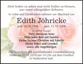 Traueranzeige von Edith Jöhricke von Super Sonntag Wittenberg