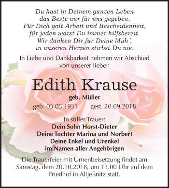 Traueranzeige von Edith Krause von Mitteldeutsche Zeitung Bitterfeld