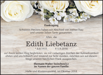 Traueranzeige von Edith Liebetanz von Mitteldeutsche Zeitung