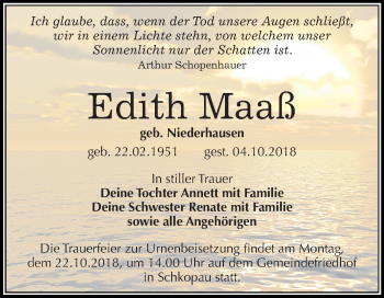 Traueranzeige von Edith Maaß von Mitteldeutsche Zeitung Merseburg/Querfurt