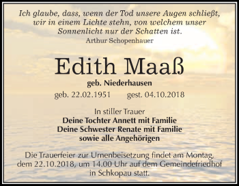 Traueranzeige von Edith Maaß von WVG - Wochenspiegel Merseburg