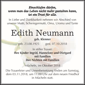 Traueranzeige von Edith Neumann von WVG - Wochenspiegel Merseburg
