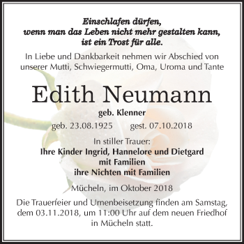 Traueranzeige von Edith Neumann von Mitteldeutsche Zeitung Merseburg/Querfurt