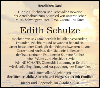 Traueranzeige von Edith Schulze von Mitteldeutsche Zeitung Quedlinburg