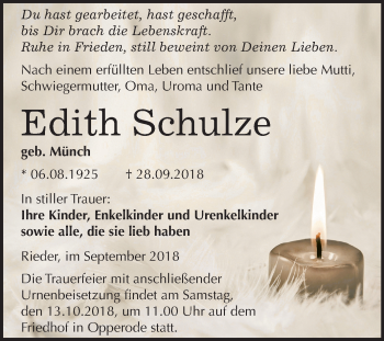 Traueranzeige von Edith Schulze von Mitteldeutsche Zeitung Quedlinburg