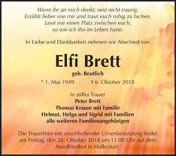 Traueranzeige von Elfi Brett von Mitteldeutsche Zeitung Halle/Saalkreis