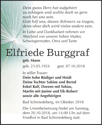 Traueranzeige von Elfriede Burggraf von WVG - Wochenspiegel Wittenberg