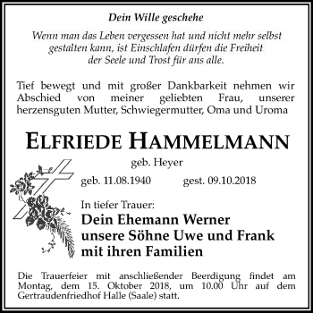 Traueranzeige von Elfriede Hammelmann von Mitteldeutsche Zeitung Halle/Saalkreis