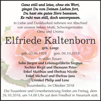 Traueranzeige von Elfriede Kaltenborn von WVG - Wochenspiegel Merseburg