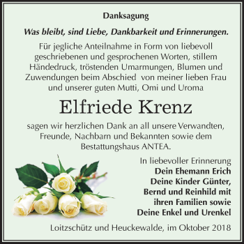 Traueranzeige von Elfriede Krenz von Mitteldeutsche Zeitung Zeitz