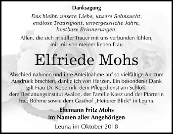 Traueranzeige von Elfriede Mohs von Mitteldeutsche Zeitung Merseburg/Querfurt