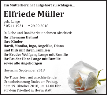 Traueranzeige von Elfriede Müller von Mitteldeutsche Zeitung Aschersleben