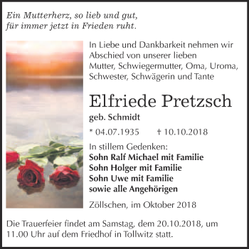 Traueranzeige von Elfriede Pretzsch von Super Sonntag Merseburg