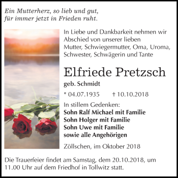 Traueranzeige von Elfriede Pretzsch von Mitteldeutsche Zeitung Merseburg/Querfurt