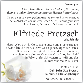 Traueranzeige von Elfriede Pretzsch von Super Sonntag Merseburg
