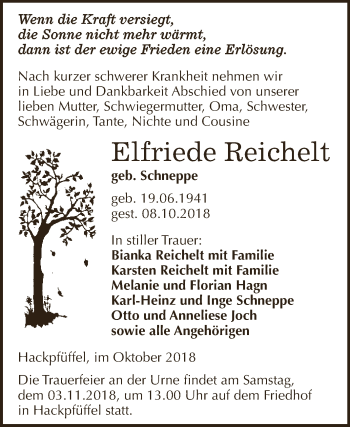 Traueranzeige von Elfriede Reichelt von Super Sonntag SGH Mansf. Land