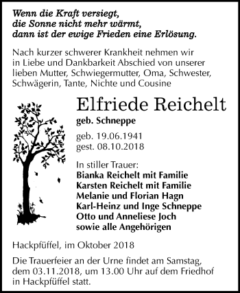 Traueranzeige von Elfriede Reichelt von Mitteldeutsche Zeitung Sangerhausen