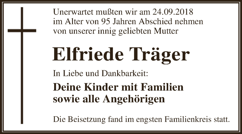  Traueranzeige für Elfriede Träger vom 06.10.2018 aus WVG - Wochenspiegel Dessau / Köthen