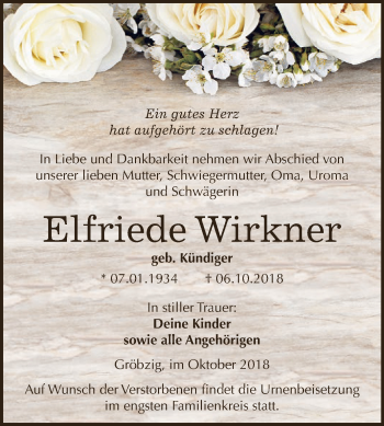 Traueranzeige von Elfriede Wirkner von WVG - Wochenspiegel Dessau / Köthen