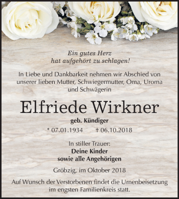 Traueranzeige von Elfriede Wirkner von Mitteldeutsche Zeitung