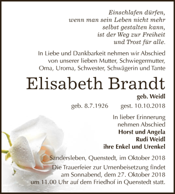 Traueranzeige von Elisabeth Brandt von Wochenspiegel Mansfelder Land