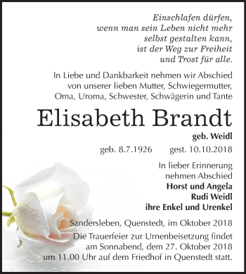 Traueranzeige von Elisabeth Brandt von Mitteldeutsche Zeitung