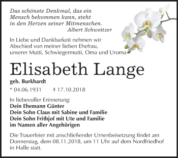 Traueranzeige von Elisabeth Lange von Mitteldeutsche Zeitung Halle/Saalkreis