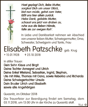 Traueranzeige von Elisabeth Patzschke von Super Sonntag Zeitz
