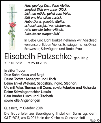 Traueranzeige von Elisabeth Patzschke von Mitteldeutsche Zeitung Zeitz