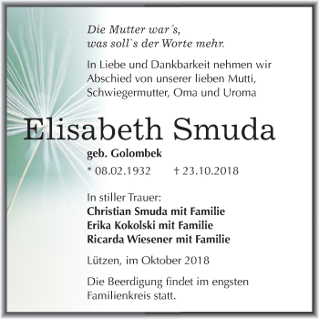 Traueranzeige von Elisabeth Smuda von Mitteldeutsche Zeitung Weißenfels