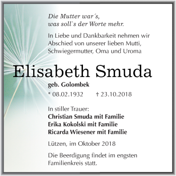 Traueranzeige von Elisabeth Smuda von Super Sonntag Merseburg