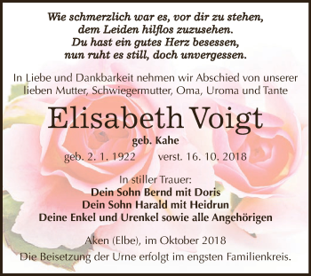 Traueranzeige von Elisabeth Voigt von WVG - Wochenspiegel Dessau / Köthen