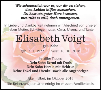 Traueranzeige von Elisabeth Voigt von Mitteldeutsche Zeitung Köthen