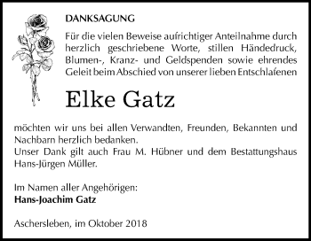 Traueranzeige von Elke Gatz von Mitteldeutsche Zeitung Aschersleben