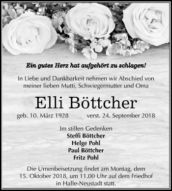 Traueranzeige von Elli Böttcher von Mitteldeutsche Zeitung Halle/Saalkreis