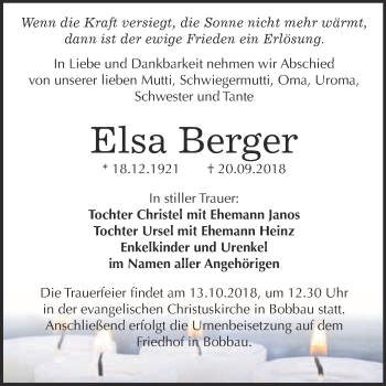 Traueranzeige von Elsa Berger von WVG - Wochenspiegel Bitterfeld