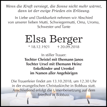 Traueranzeige von Elsa Berger von Mitteldeutsche Zeitung Bitterfeld