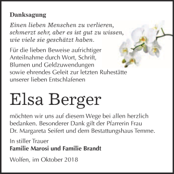 Traueranzeige von Elsa Berger von WVG - Wochenspiegel Bitterfeld