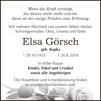 Traueranzeige von Elsa Görsch von WVG - Wochenspiegel Dessau / Köthen