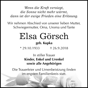 Traueranzeige von Elsa Görsch von Mitteldeutsche Zeitung Köthen