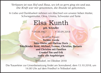 Traueranzeige von Elsa Kunth von Mitteldeutsche Zeitung