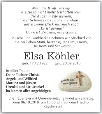 Traueranzeige von Elsa Köhler von WVG - Wochenspiegel Bitterfeld