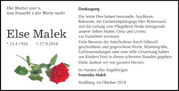 Traueranzeige von Else Malek von Mitteldeutsche Zeitung