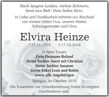 Traueranzeige von Elvira Heinze von Super Sonntag Merseburg