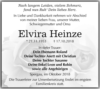 Traueranzeige von Elvira Heinze von Mitteldeutsche Zeitung Merseburg/Querfurt