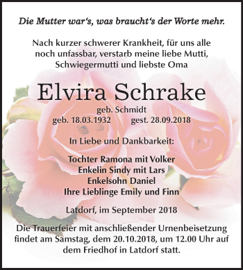 Traueranzeige von Elvira Schrake von Mitteldeutsche Zeitung Bernburg